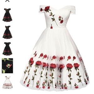 1950s off shoulder dress with rose embroidery